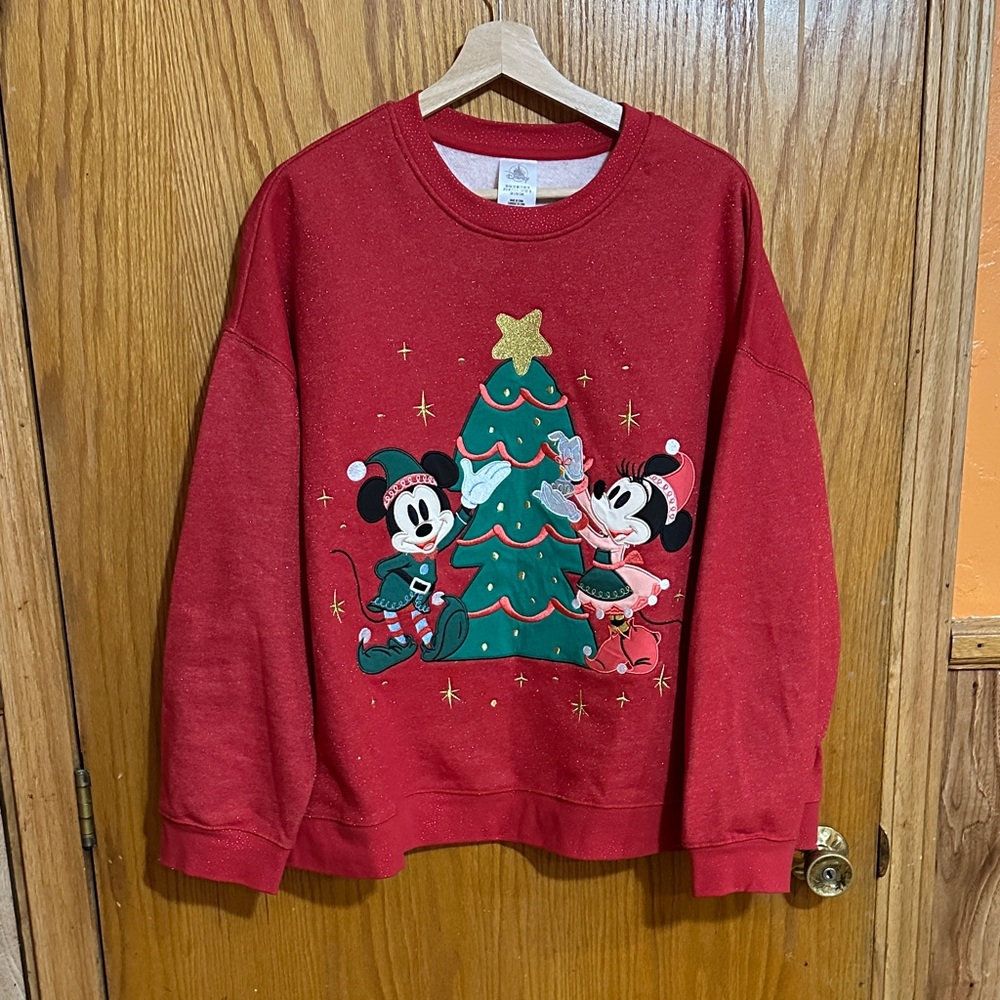 Disney Parks Christmas Mickey Minnie Semi-Cropped Sparkle Sweatshirt 1X embroid